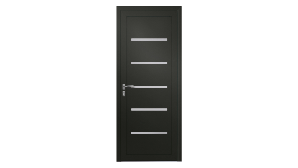 Porte d'entrée PVC parclosé COLUMBIA Porte d'entrée noire avec 5 inserts vitrés en forme de lignes horizontales